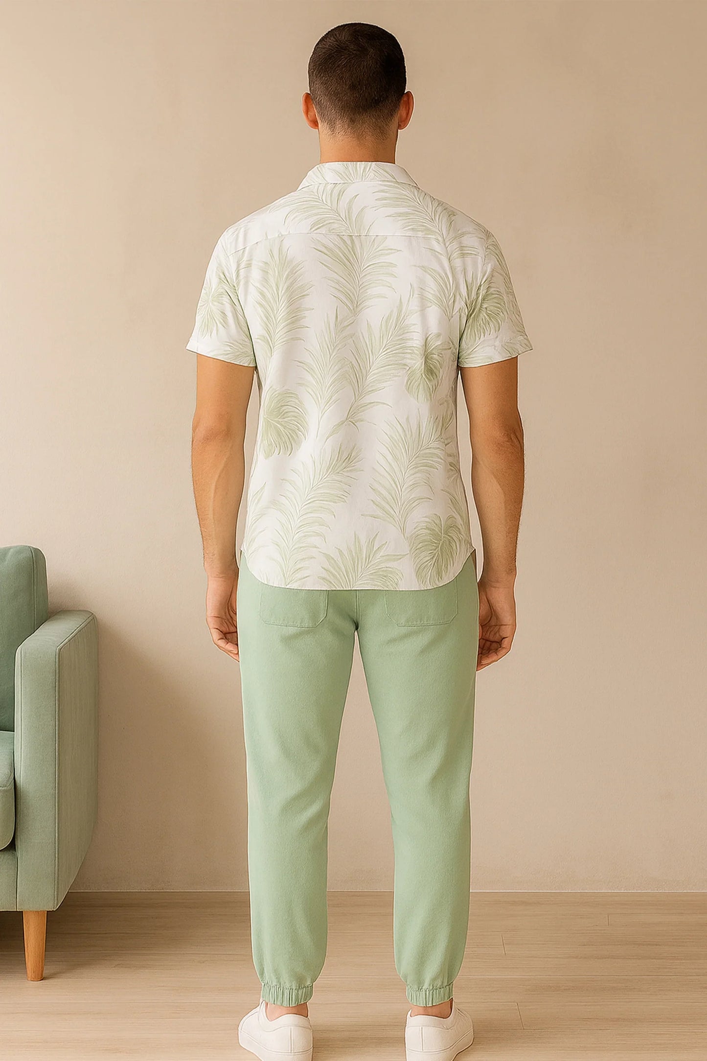 Leafy White Men's Casual Half Sleeve Shirt and Full Pant Set