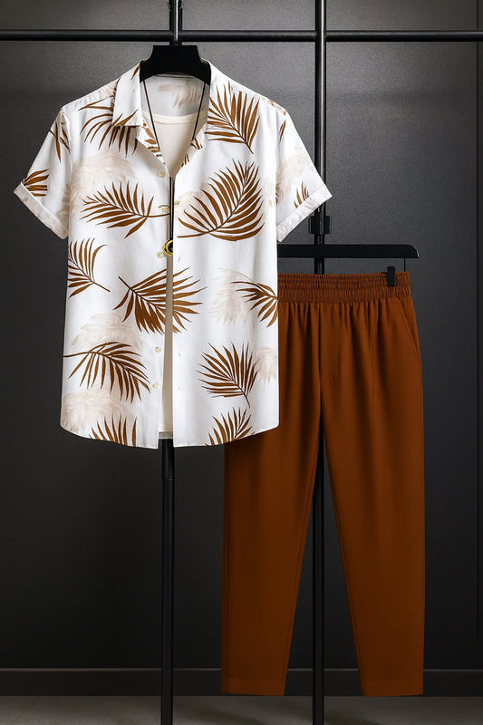 White Floral Men's Casual Half Sleeve Shirt and Full Pant Set