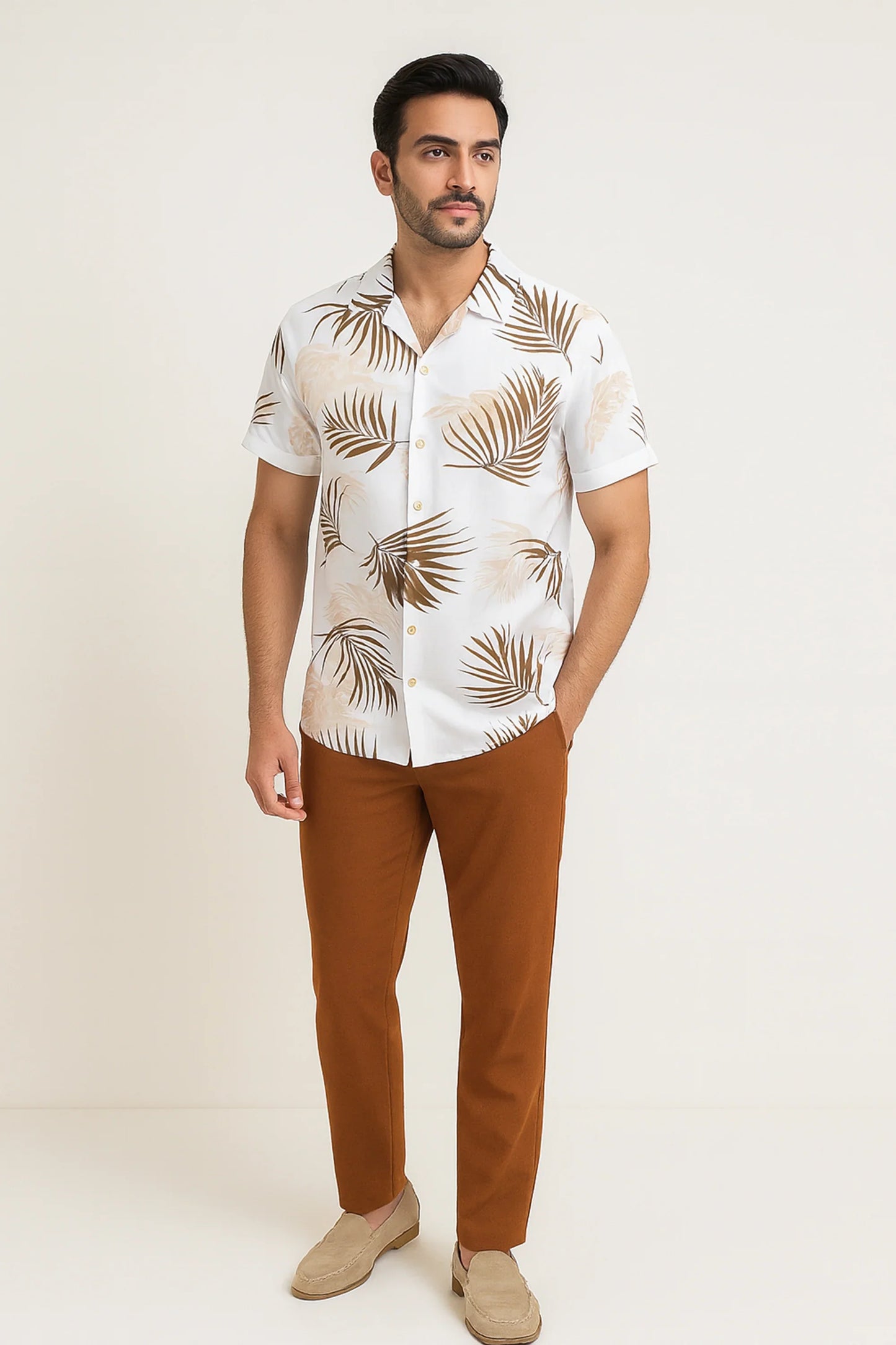 White Floral Men's Casual Half Sleeve Shirt and Full Pant Set
