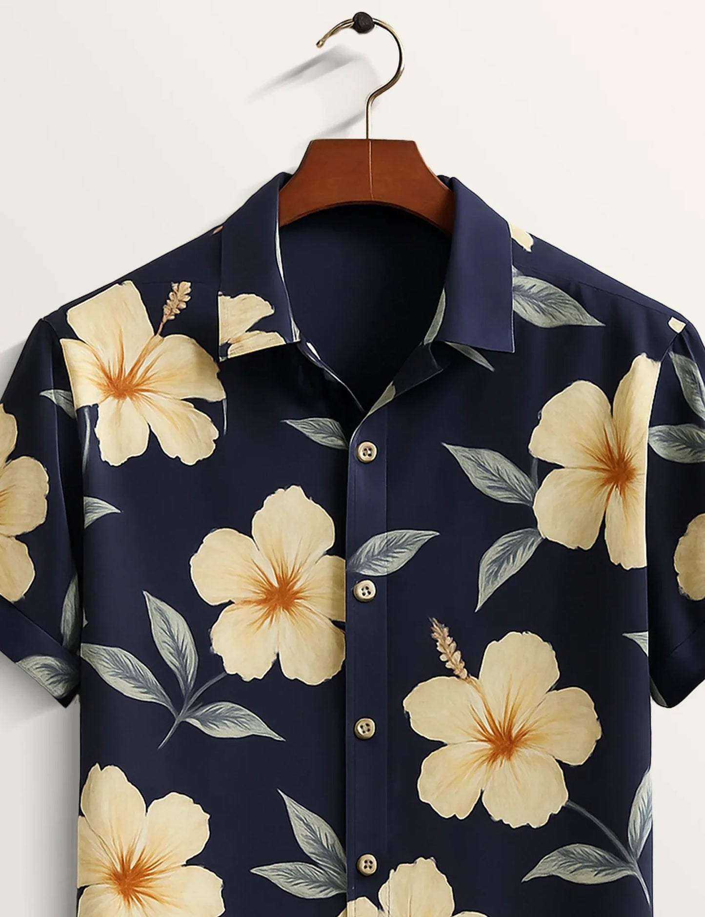 Navy Blue Hibiscus Printed Refined Cotton Daily Shirt for Men