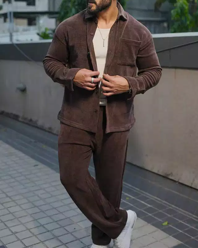 Brown Color Luxury Korean Style Full Co-Ord Set Trouser and Shirt