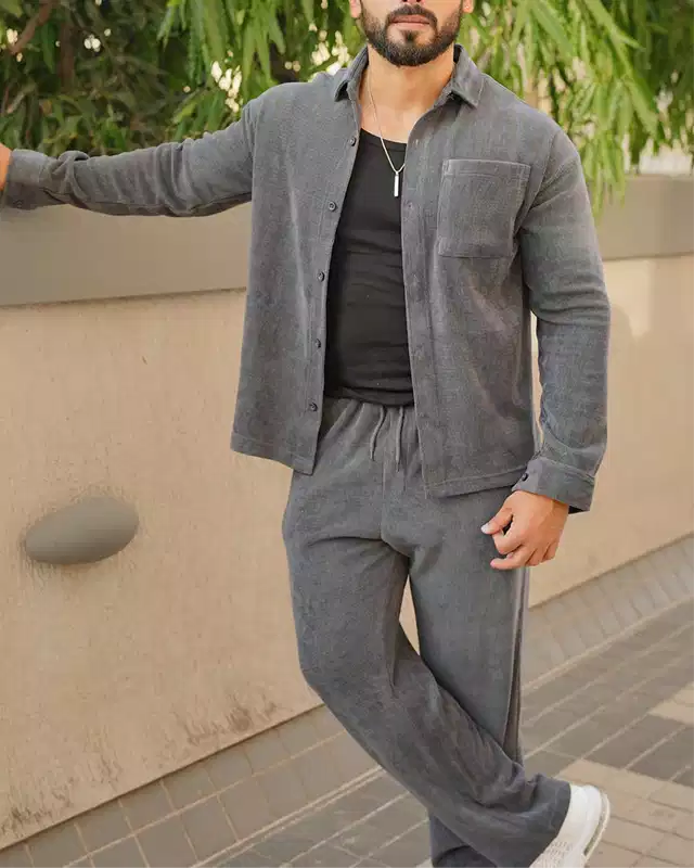 Gray Color Luxury Korean Style Full Co-Ord Set Trouser and Shirt