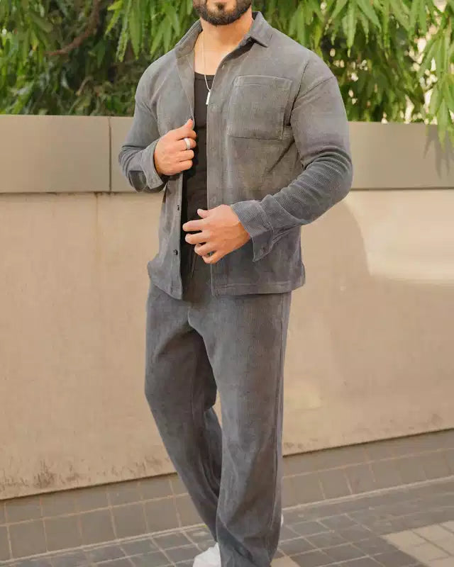 Gray Color Luxury Korean Style Full Co-Ord Set Trouser and Shirt