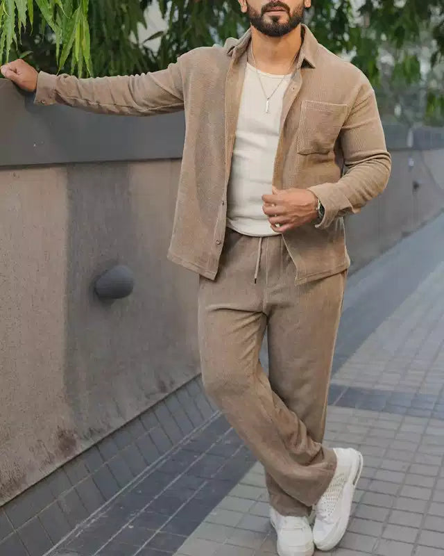 Khaki Color Luxury Korean Style Full Co-Ord Set Trouser and Shirt