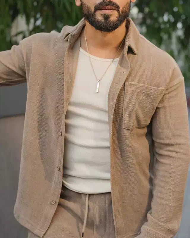 Khaki Color Luxury Korean Style Full Co-Ord Set Trouser and Shirt