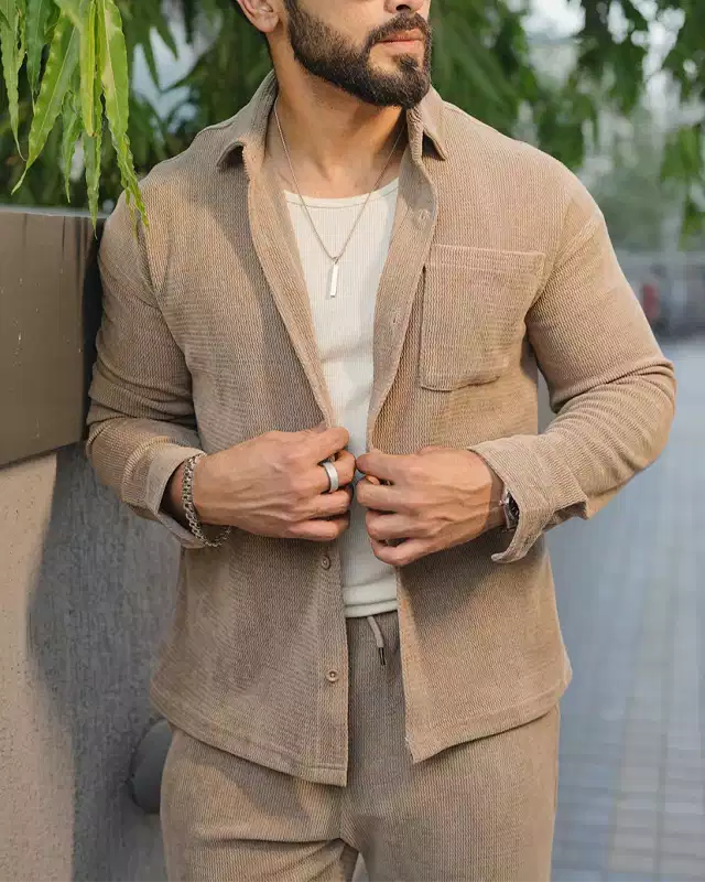 Khaki Color Luxury Korean Style Full Co-Ord Set Trouser and Shirt