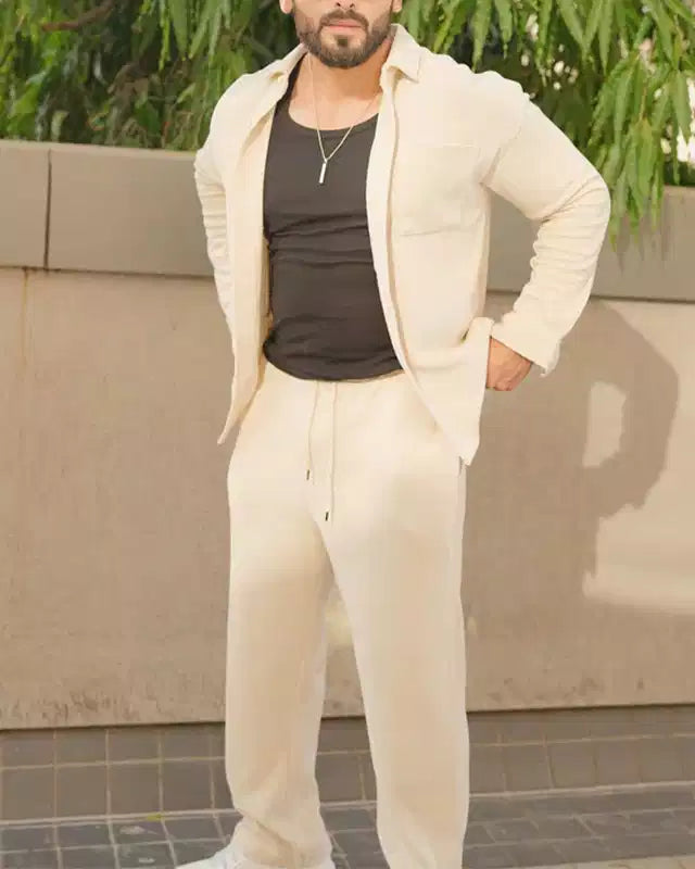 White Color Luxury Korean Style Full Co-Ord Set Trouser and Shirt