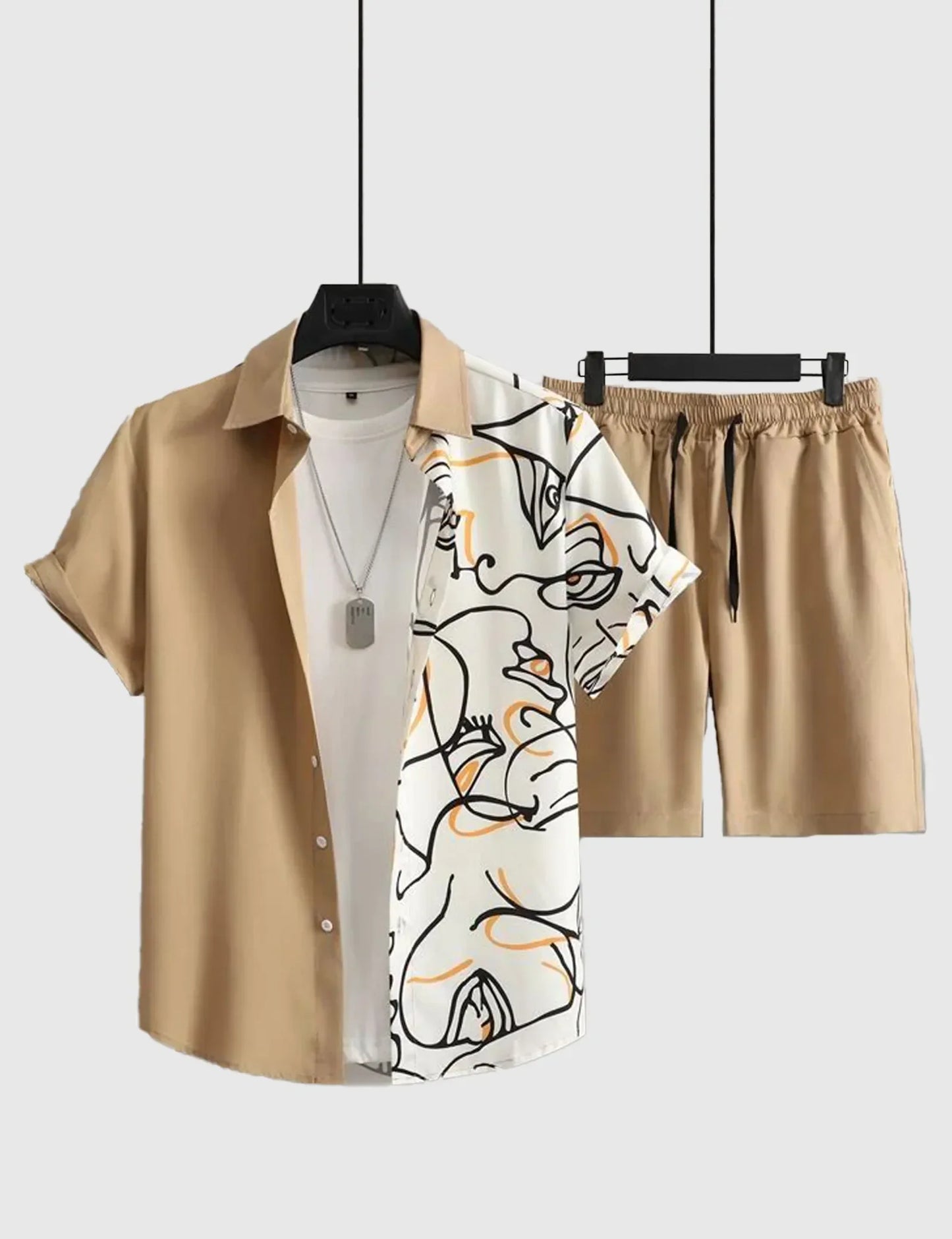 Men’s Beige White Line Print Shirt and Shorts Co-ord Set