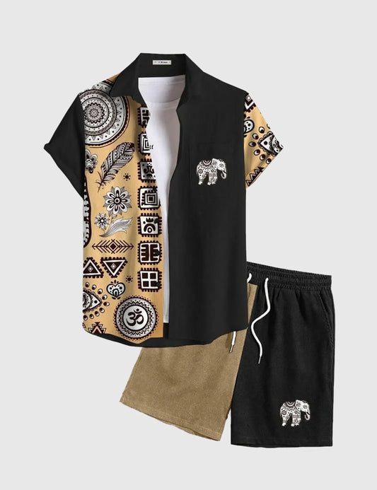 Men’s Black Ethnic Vibes Print Shirt and Shorts Co-ord Set