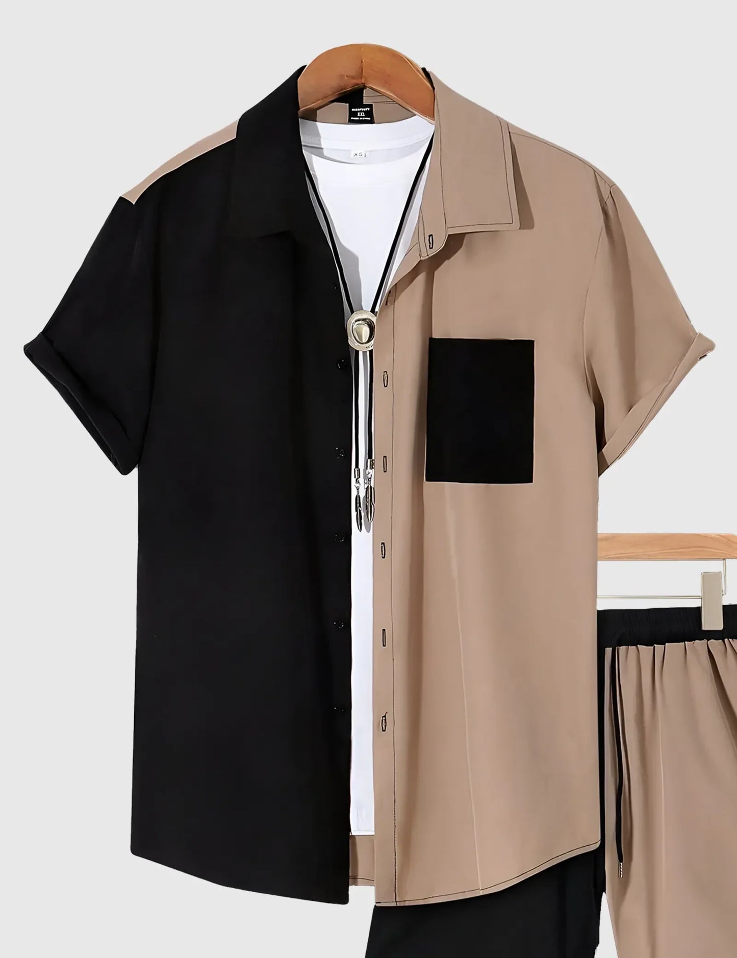 Men’s Black & Beige Colorblock Print Shirt and Shorts Co-ord Set