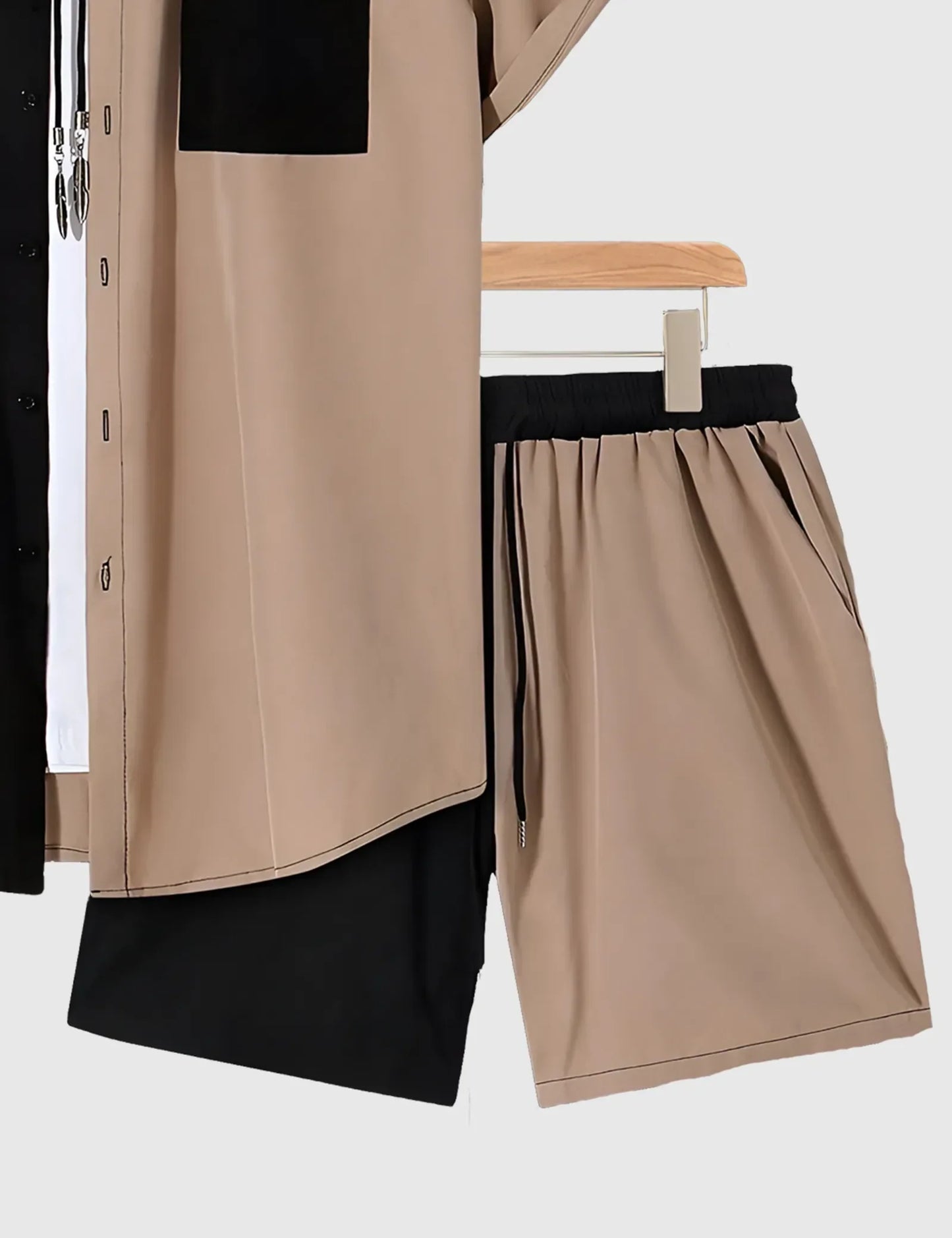 Men’s Black & Beige Colorblock Print Shirt and Shorts Co-ord Set