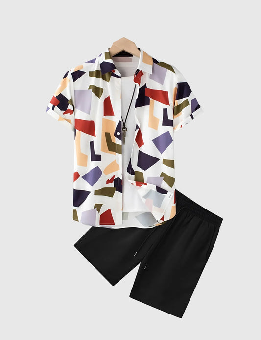 Men’s Geometric Color Block Print Shirt and Shorts Co-ord Set