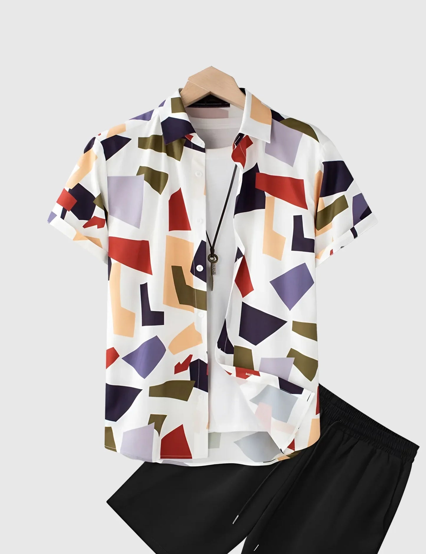 Men’s Geometric Color Block Print Shirt and Shorts Co-ord Set