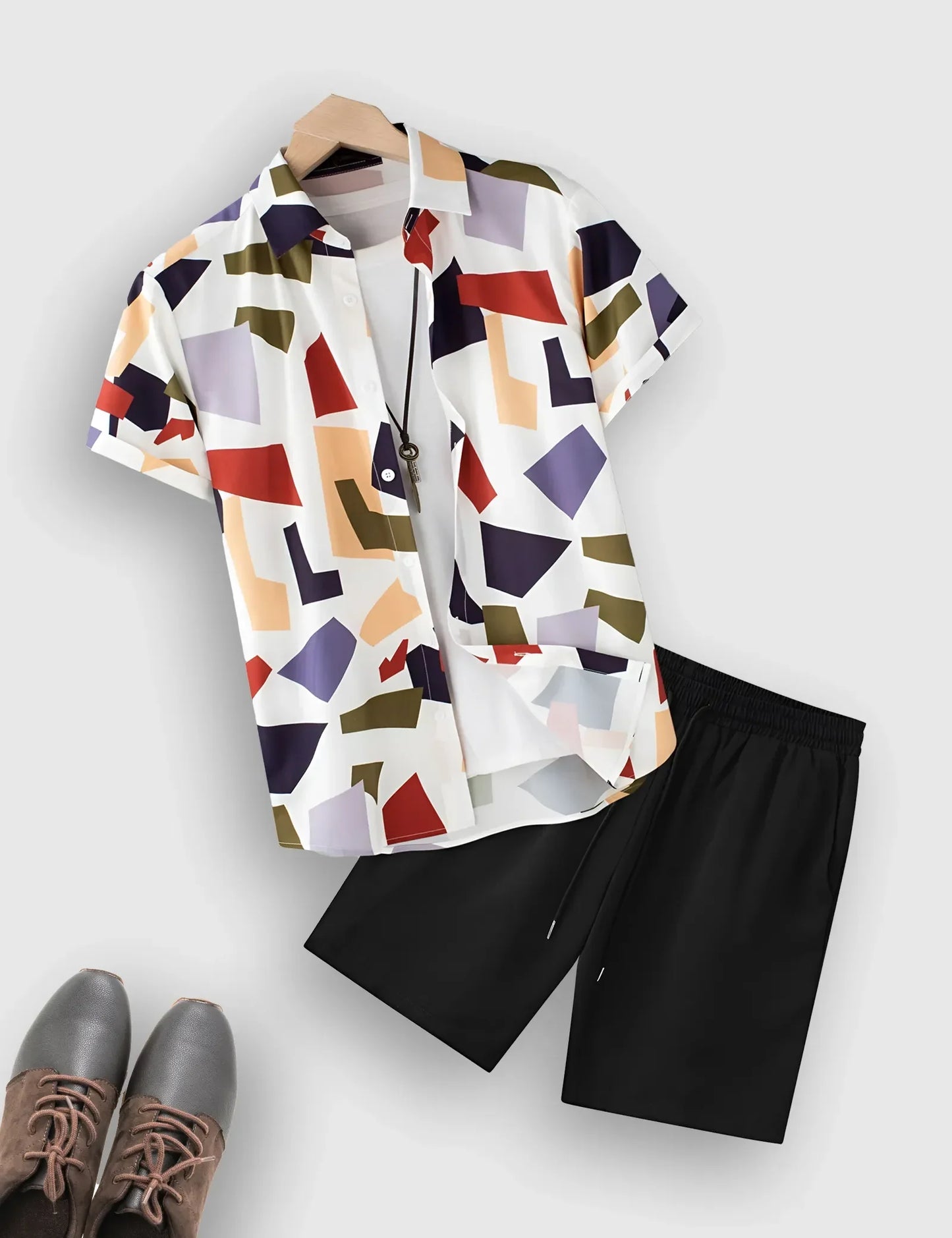 Men’s Geometric Color Block Print Shirt and Shorts Co-ord Set