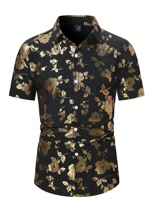 Men's Gold Floral Print Shirt Relaxed Printed Casualwear