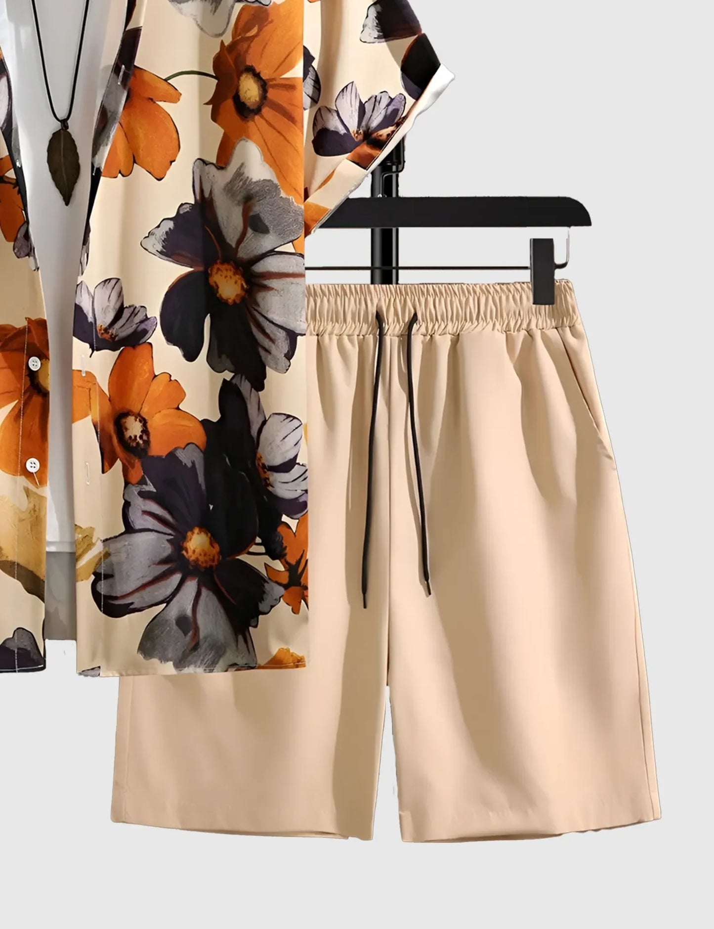 Men’s Khaki Twin Floral Print Shirt and Shorts Co-ord Set