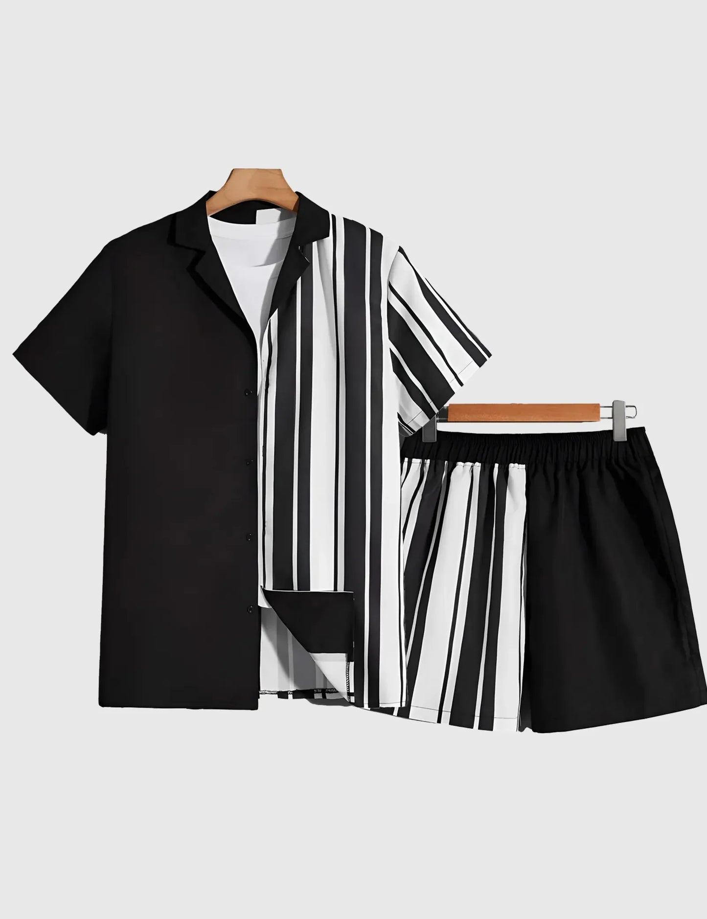 Men’s Monochrome Striped plain Shirt and Shorts Co-ord Set
