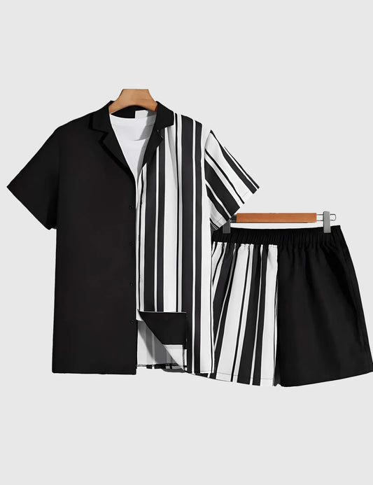 Men’s Monochrome Striped plain Shirt and Shorts Co-ord Set