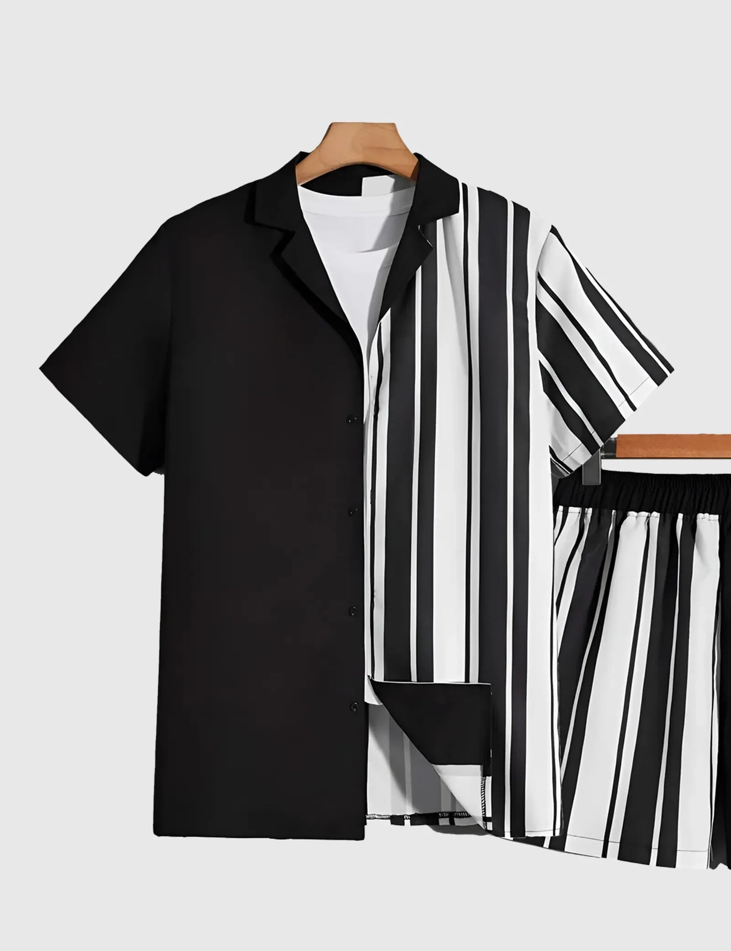 Men’s Monochrome Striped plain Shirt and Shorts Co-ord Set