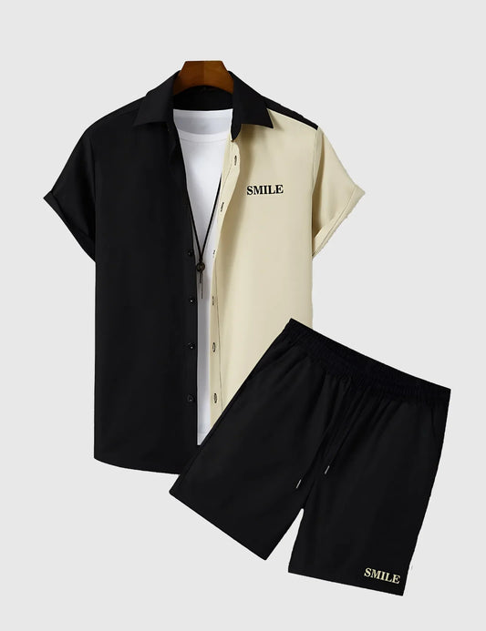 Men’s Off White Smile Colorblock Print Shirt and Shorts Co-ord Set