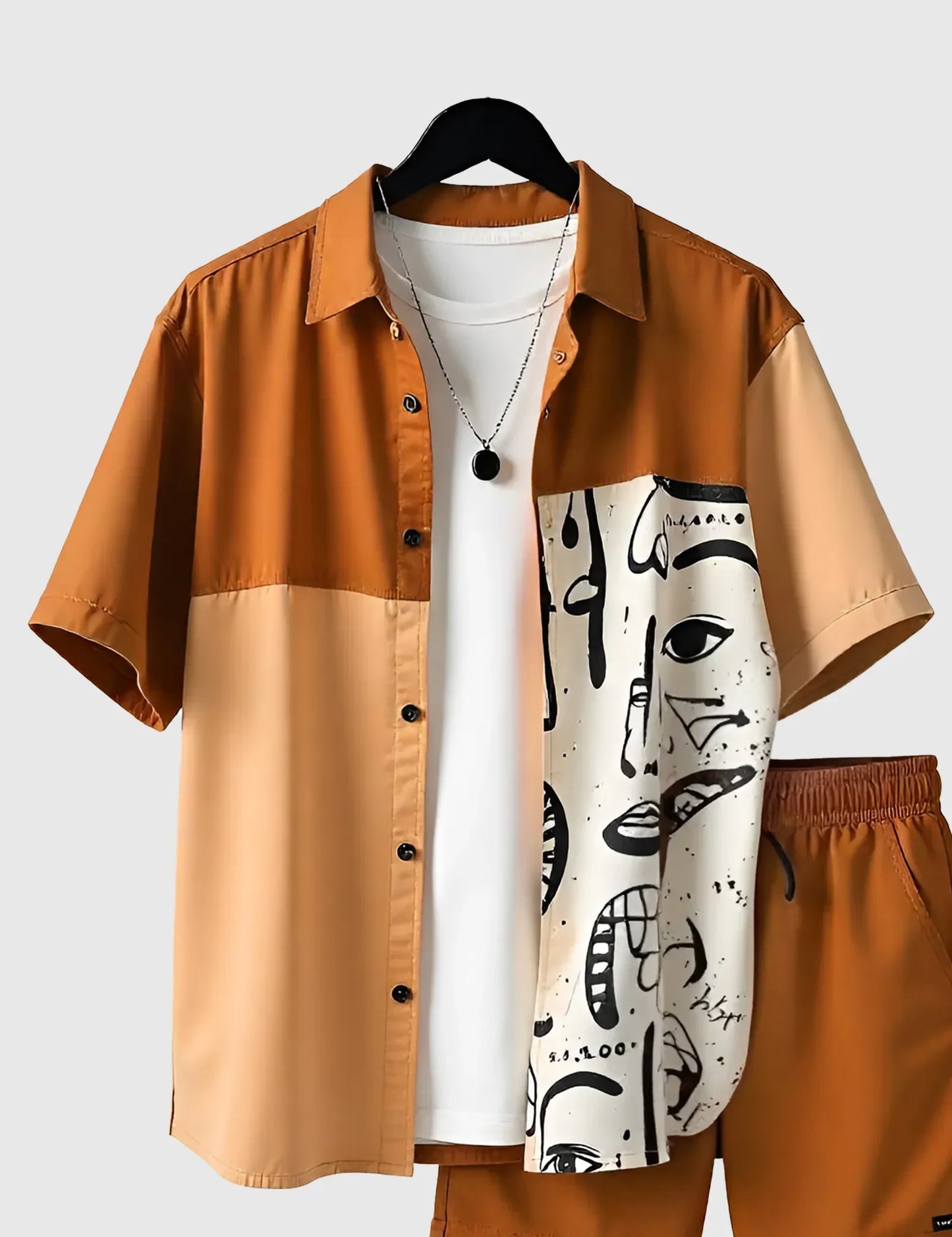 Men’s Orange Abstract Expression Print Shirt and Shorts Co-ord Set