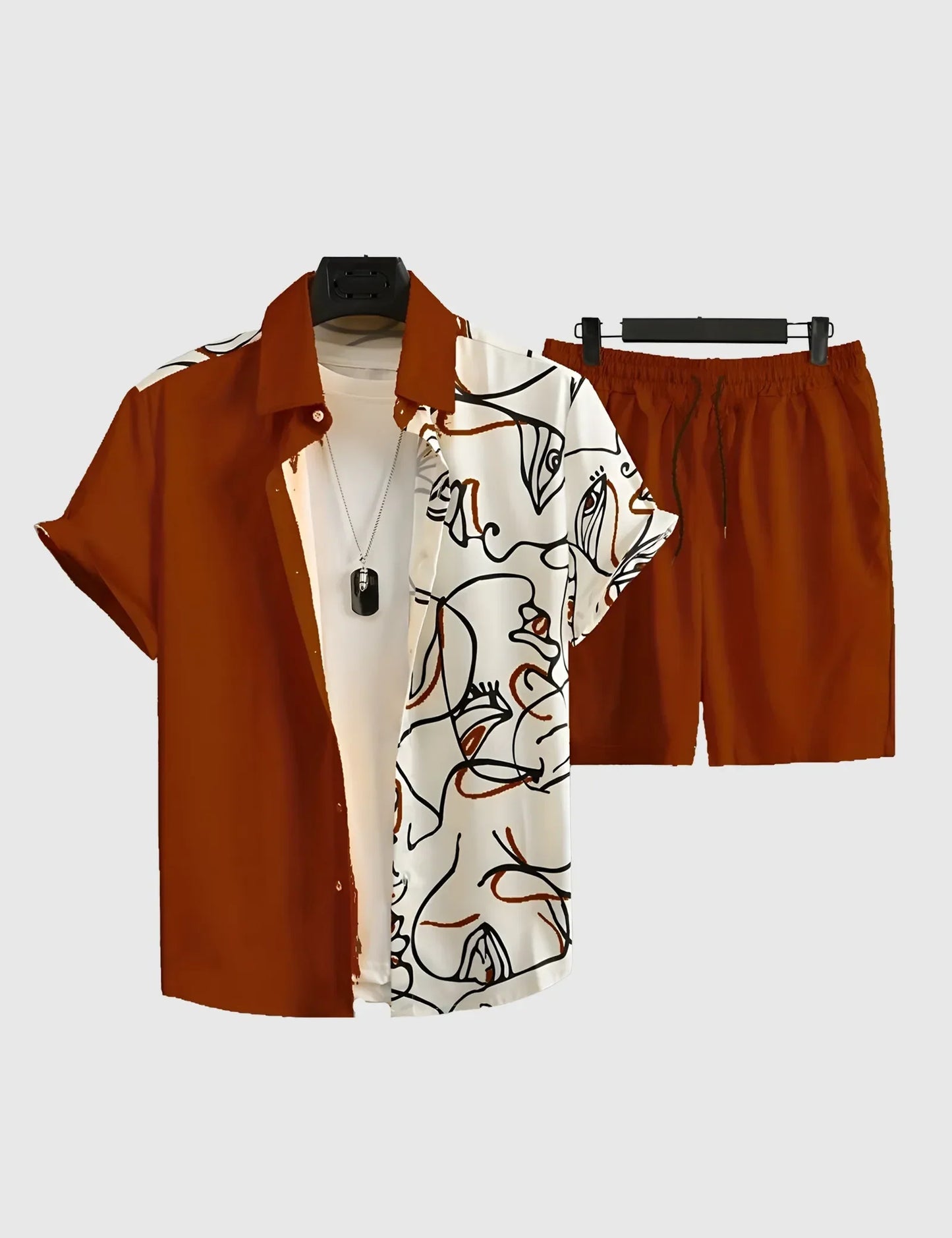 Men’s Orange White Line Print Shirt and Shorts Co-ord Set