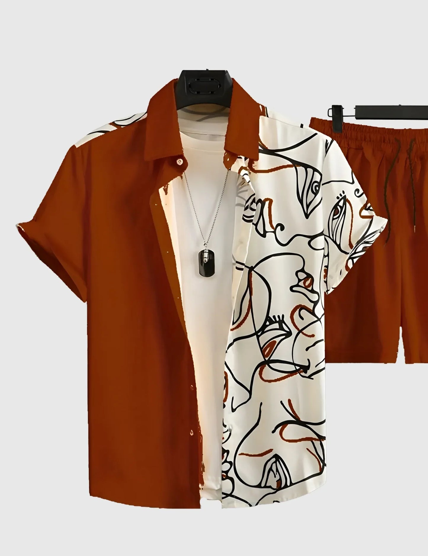 Men’s Orange White Line Print Shirt and Shorts Co-ord Set