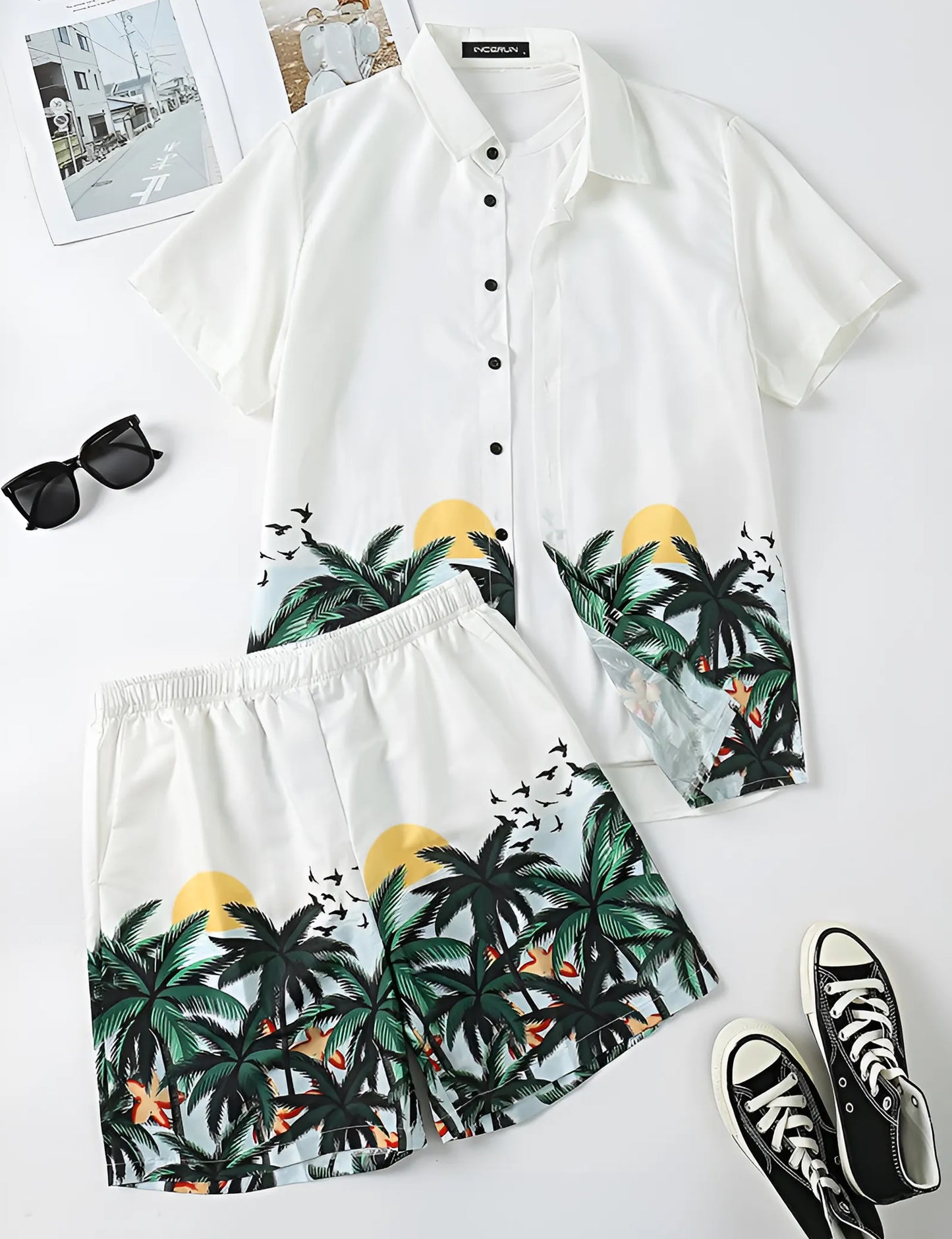 Men’s Tropical Sunset Palm Print Shirt and Shorts Co-ord Set