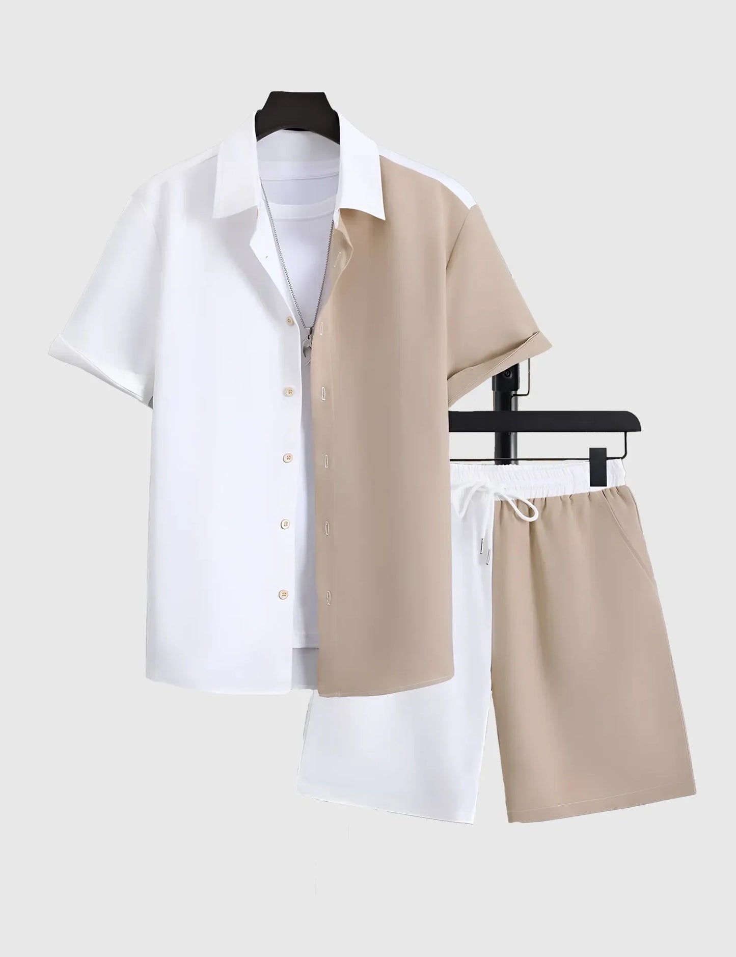 Men’s White & Khaki  plain Shirt and Shorts Co-ord Set