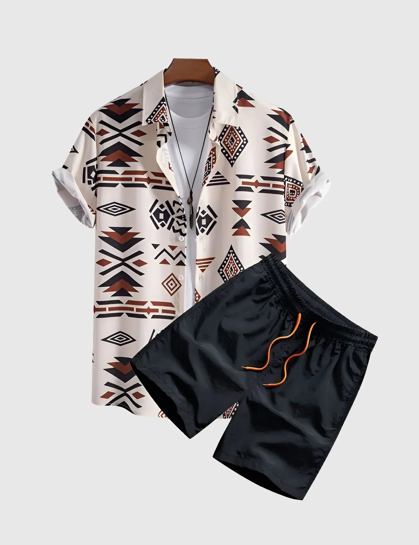Men’s White Geometric Vibes Print Shirt and Shorts Co-ord Set