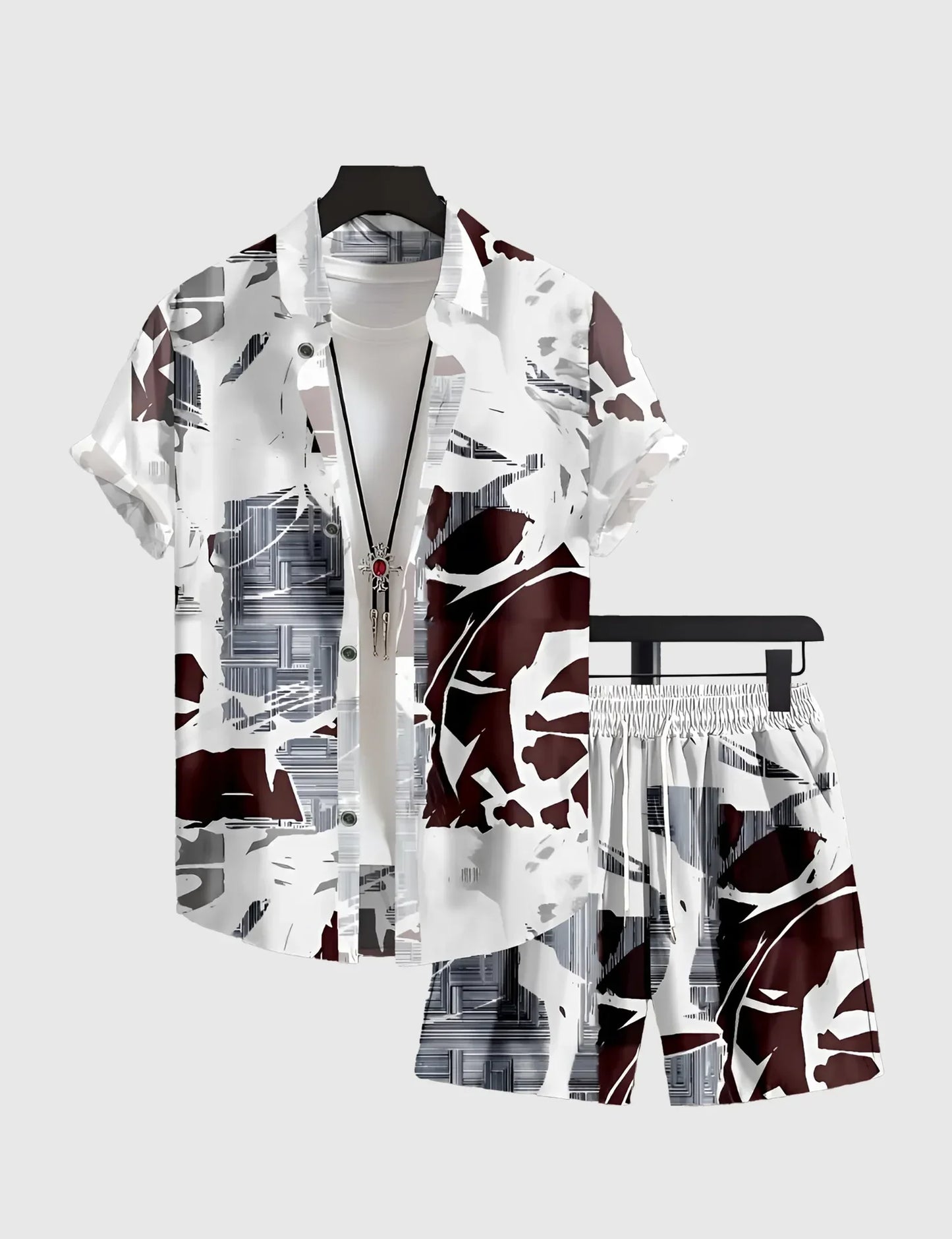 Men’s White Urban Abstract Print Shirt and Shorts Co-ord Set