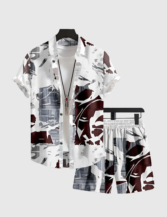 Men’s White Urban Abstract Print Shirt and Shorts Co-ord Set