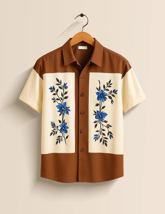 Men's Brown & Cream Floral Panel - Printed Half Sleeve Shirt