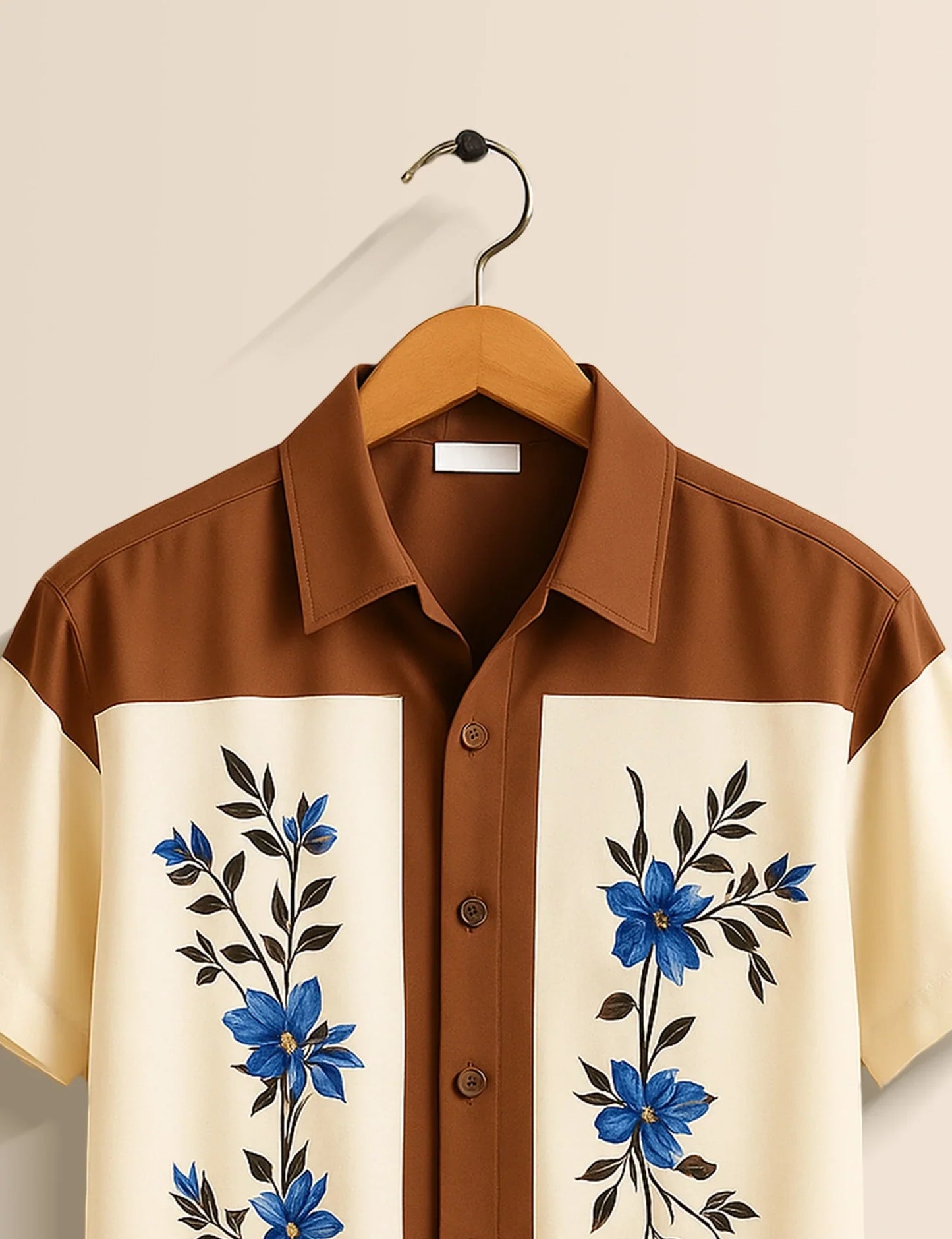 Men's Brown & Cream Floral Panel - Printed Half Sleeve Shirt