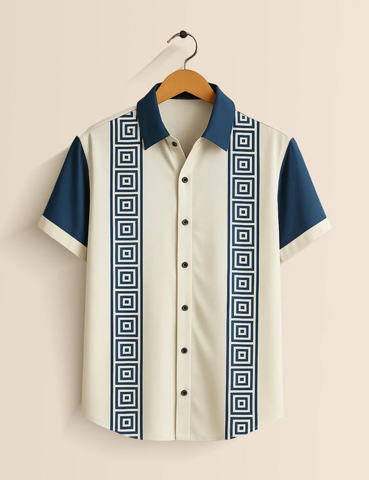 Men's Navy Geometric Stripe – Printed Half Sleeve Shirt