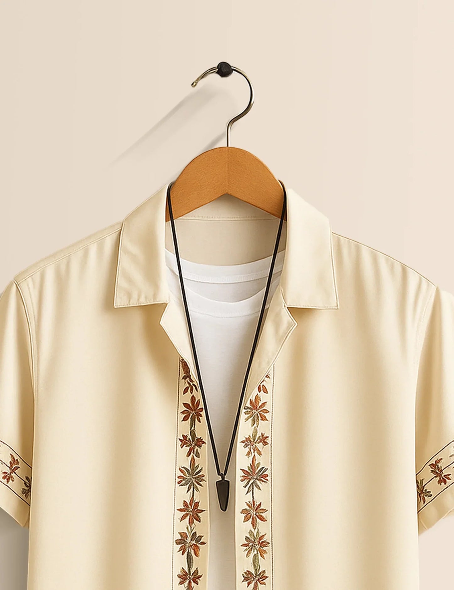 Men's Cream Floral Embroidered - Printed Half Sleeve Shirt