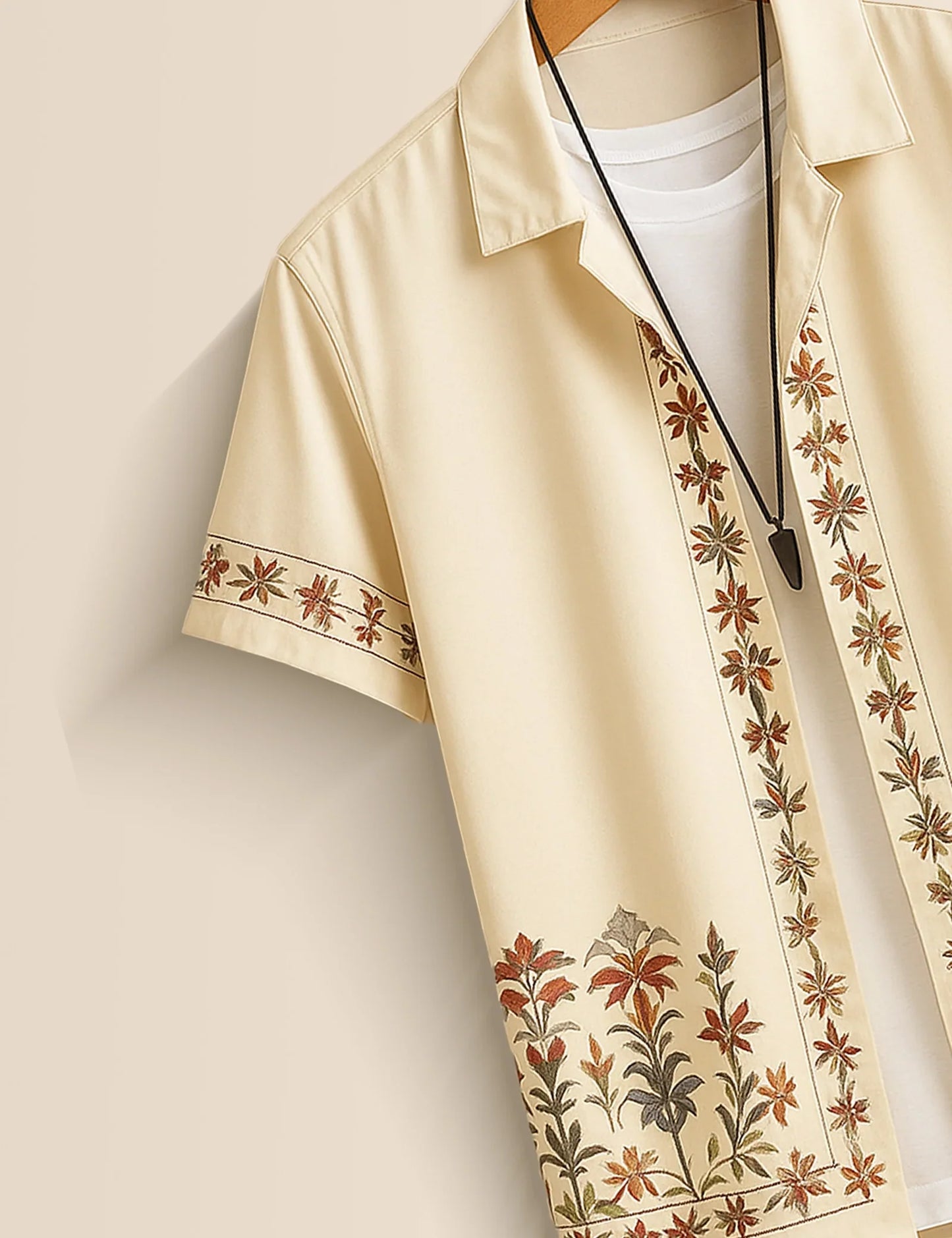 Men's Cream Floral Embroidered - Printed Half Sleeve Shirt