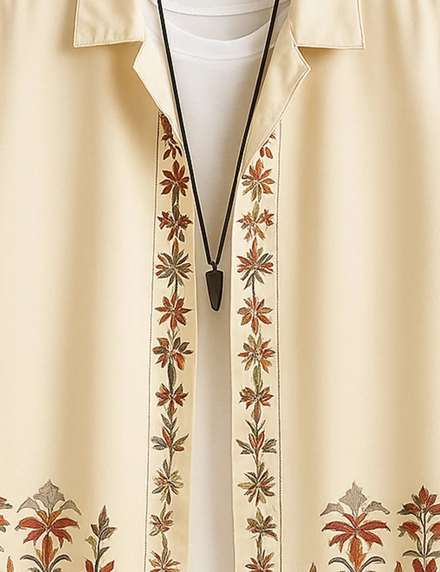 Men's Cream Floral Embroidered - Printed Half Sleeve Shirt