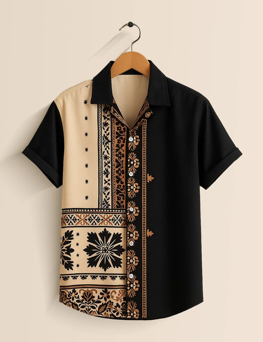 Men's Ornate Tribal Contrast – Printed Half Sleeve Shirt
