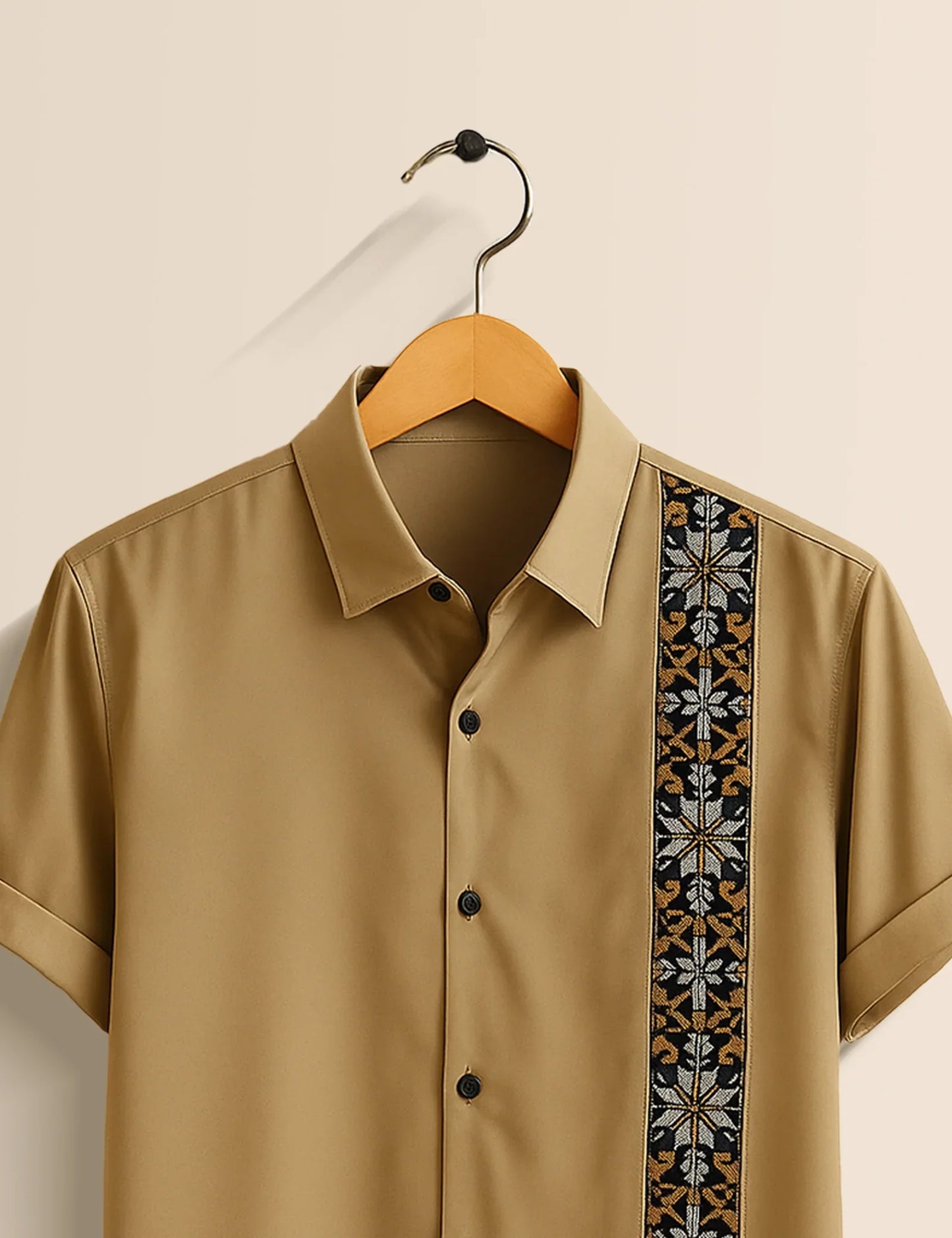 Men's Brown Floral Embroidery Stripe - Printed Half Sleeve Shirt