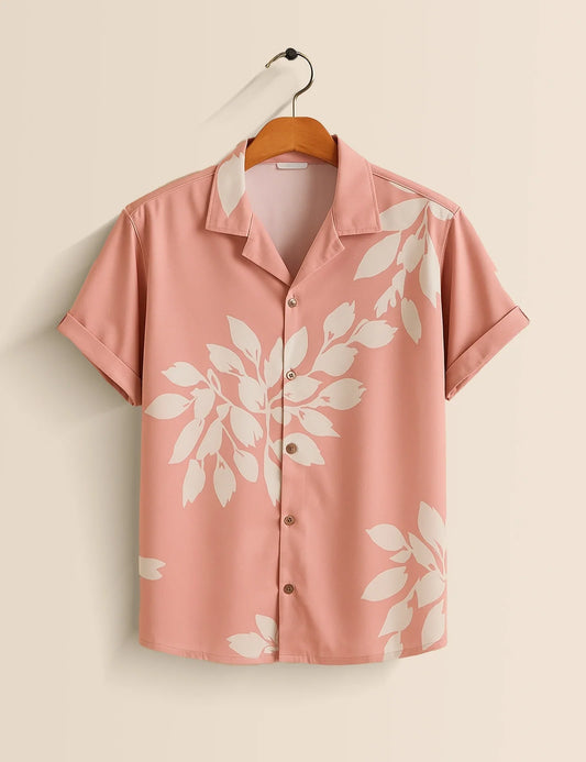 Men's Pink Flower Leaf Print – Printed Half Sleeve Shirt