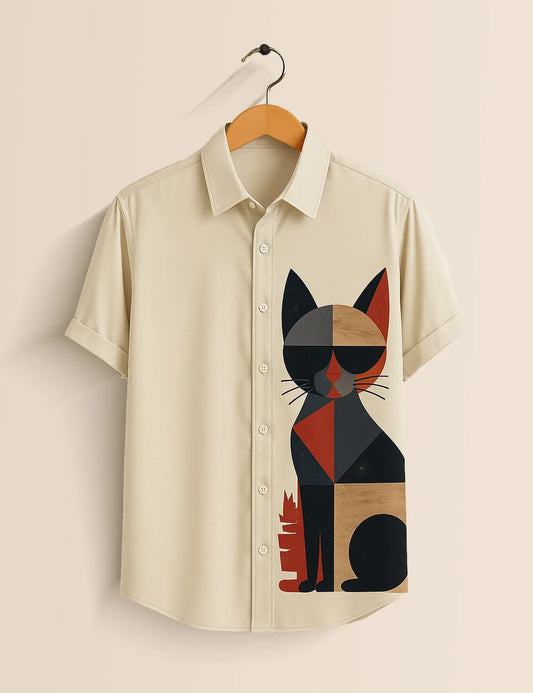 Men's Off White Geometric Cat – Printed Half Sleeve Shirt